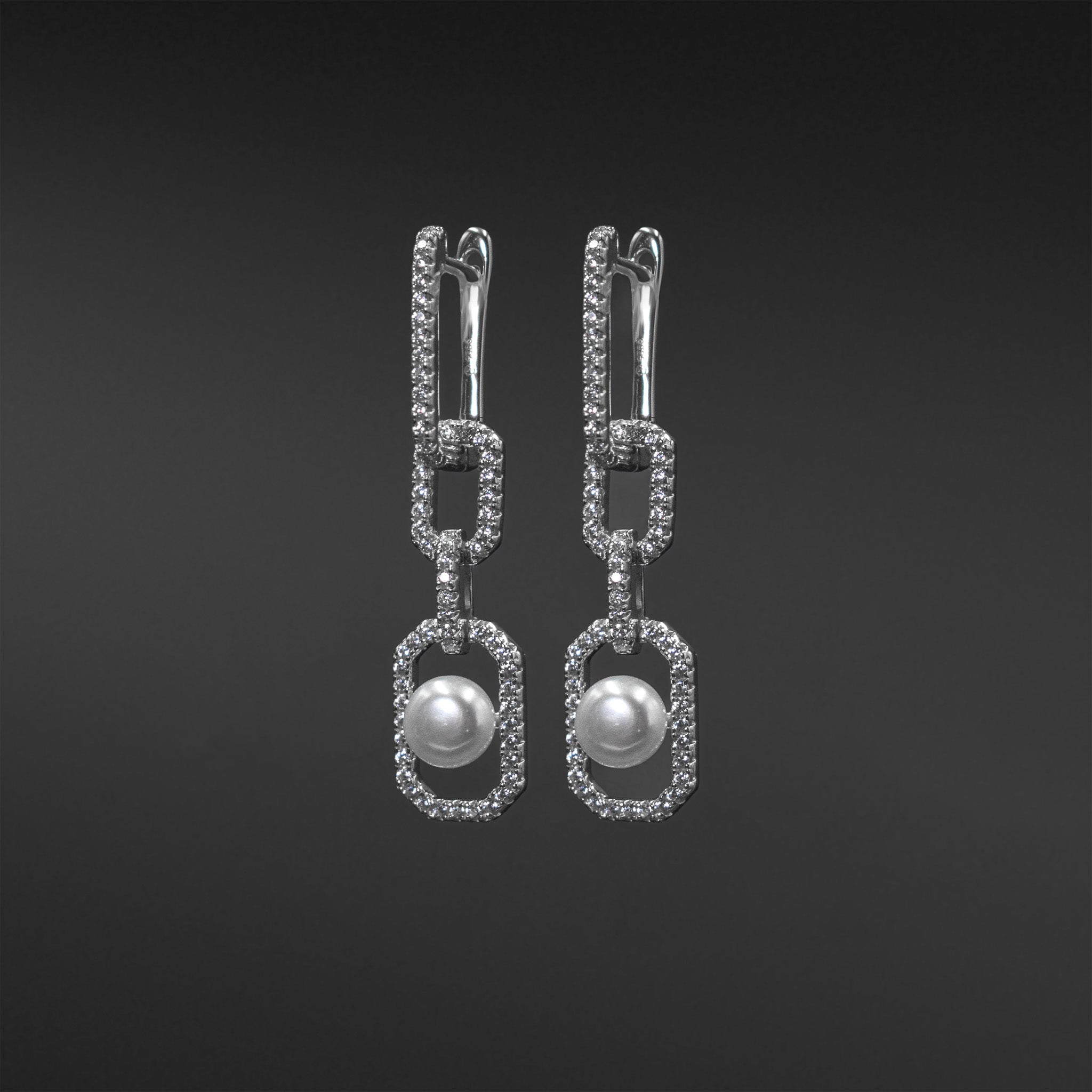 Caged Pearl & Diamond Link Drop Earrings