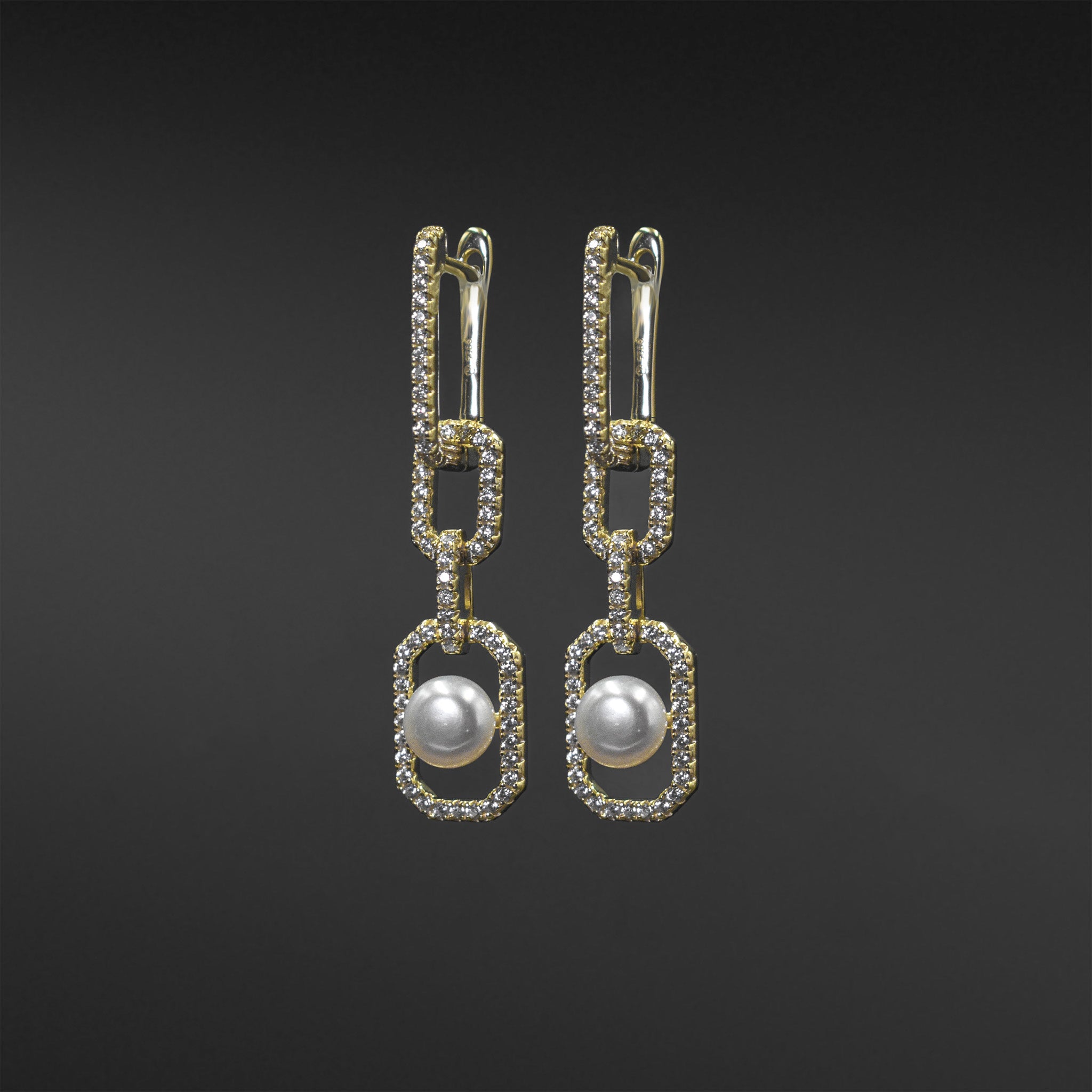 Caged Pearl & Diamond Link Drop Earrings