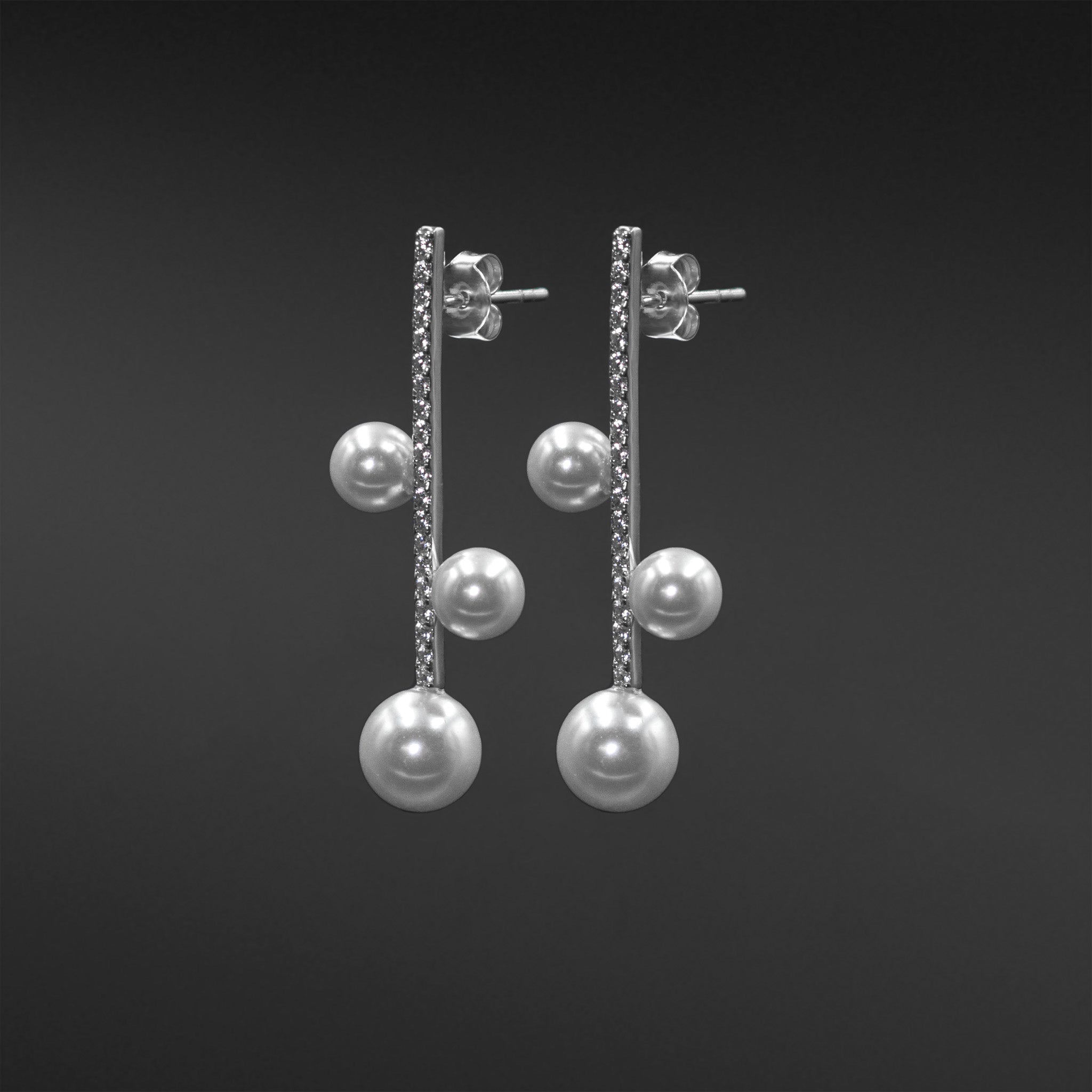 Diamond Bar Pearl Trio Earrings