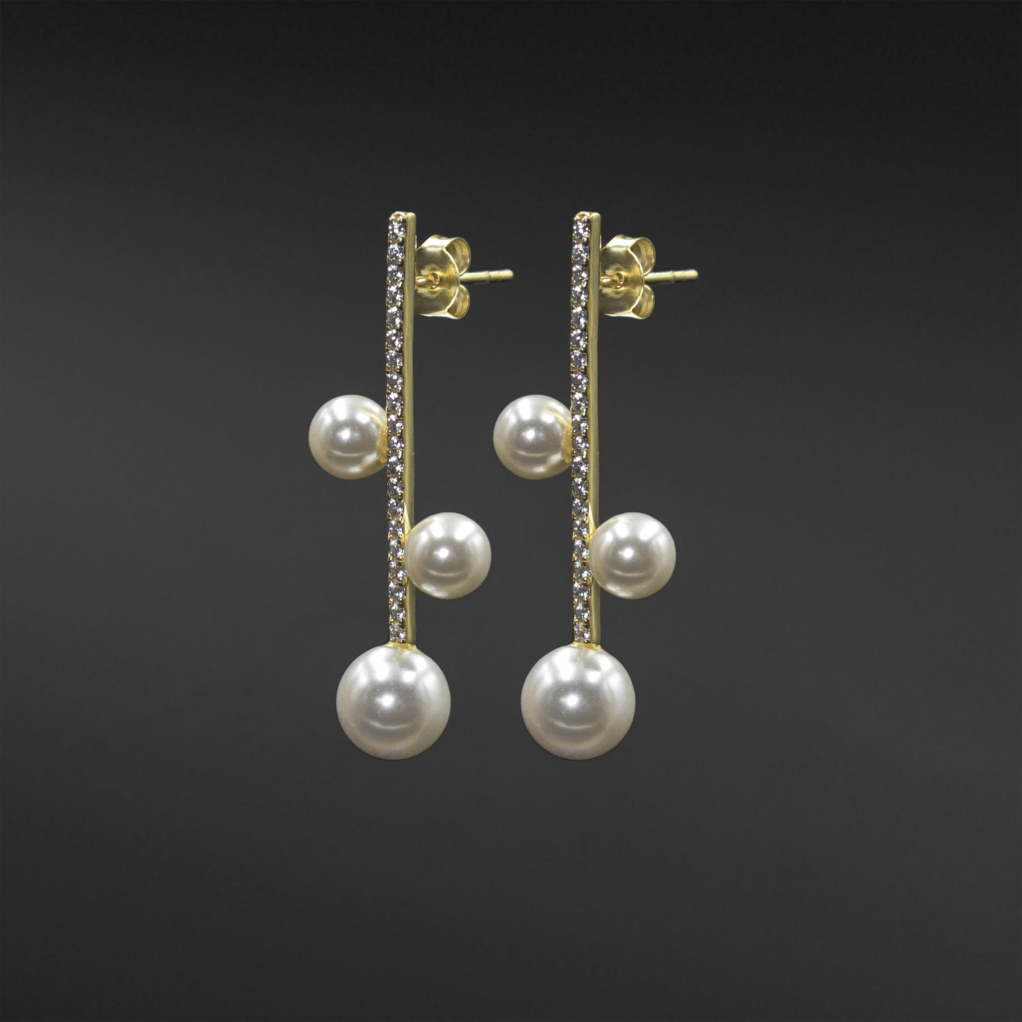 Diamond Bar Pearl Trio Earrings