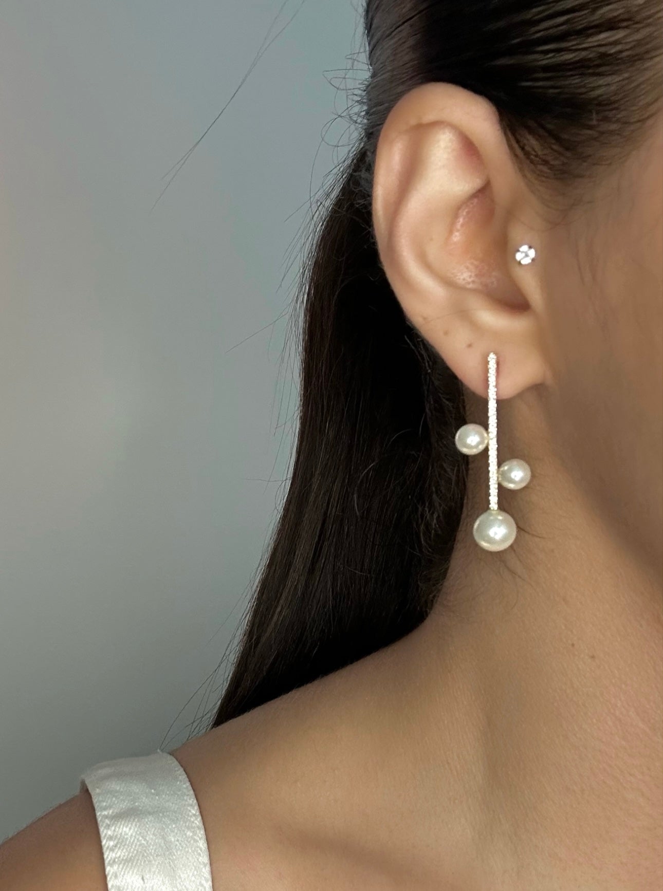 Diamond Bar Pearl Trio Earrings