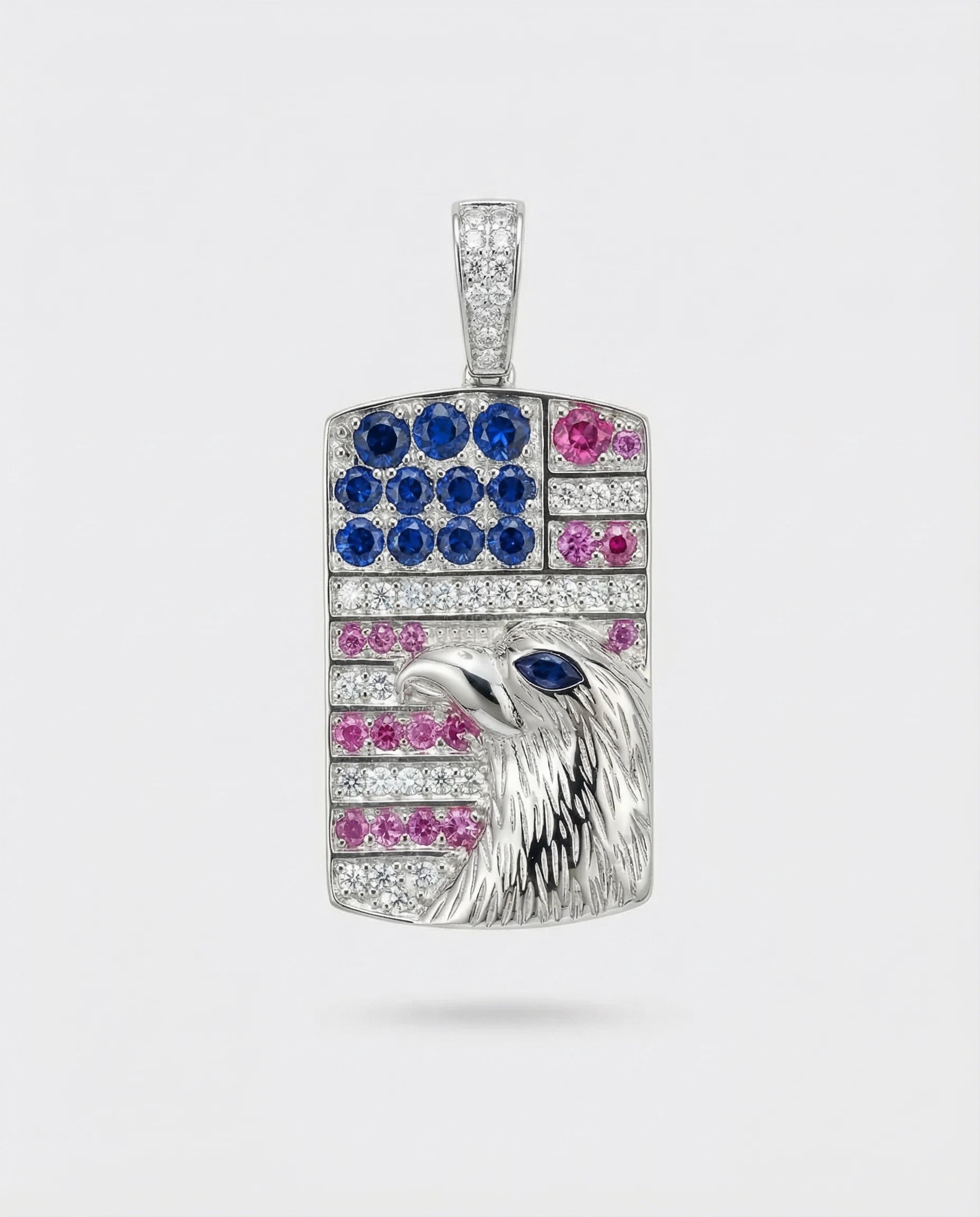 American Flag Dog Tag Pendant Sterling Silver with Cubic Zirconia | Red, White & Blue Iced Necklace Charm