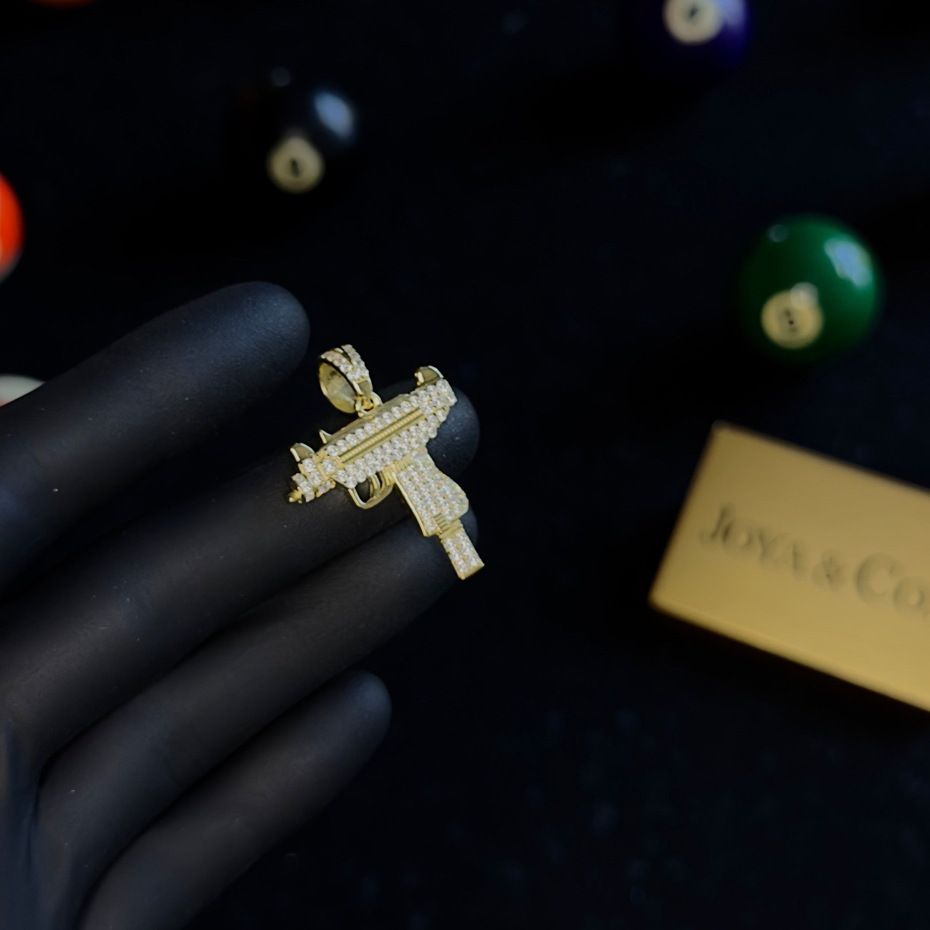 14K Gold Plated Iced-Out Gun Pendant – Sterling Silver & CZ