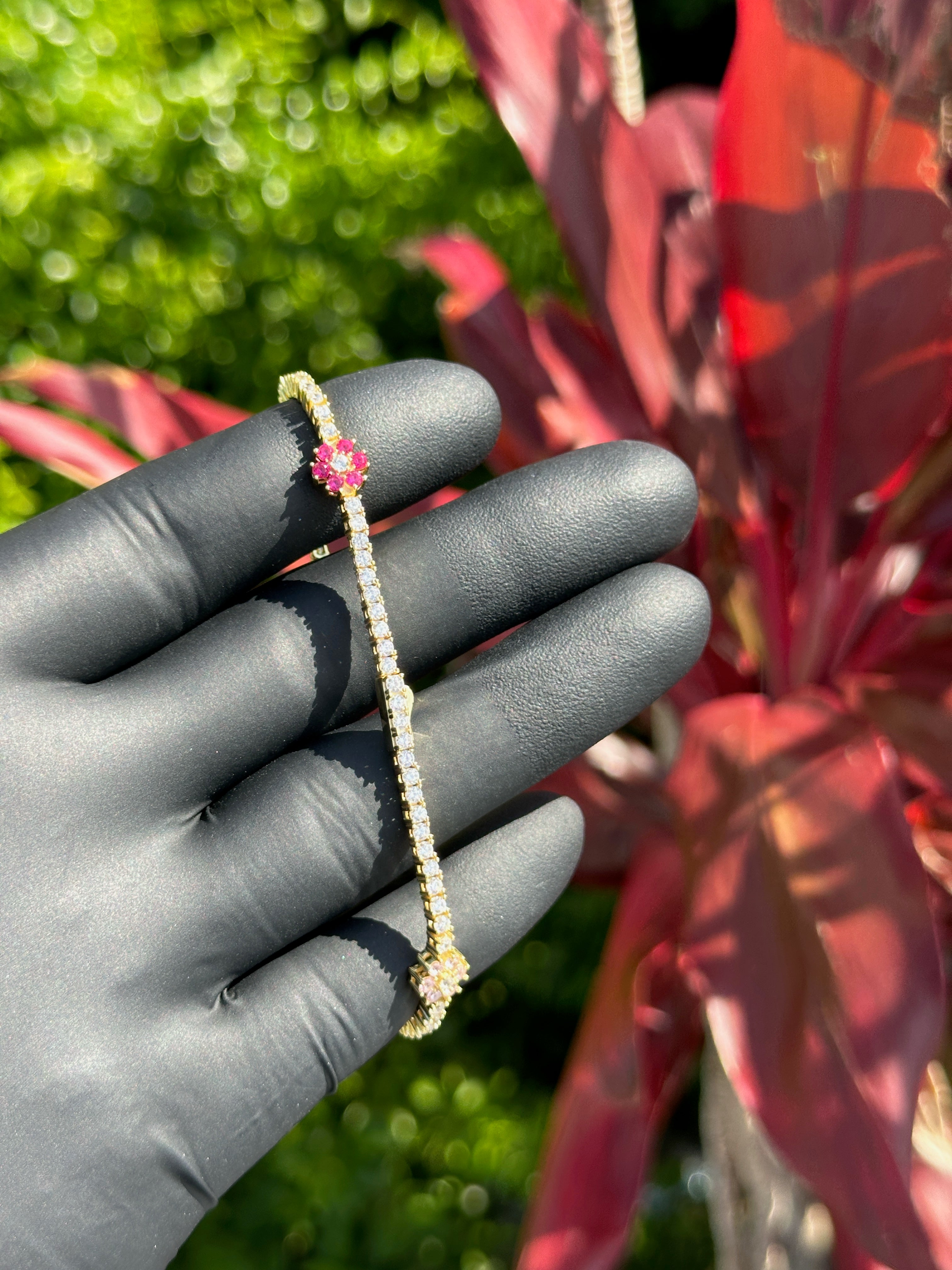 Rainbow Flower Tennis Bracelet – 14K Gold Dipped Sterling Silver with Colorful Cubic Zirconia, Dainty Floral CZ