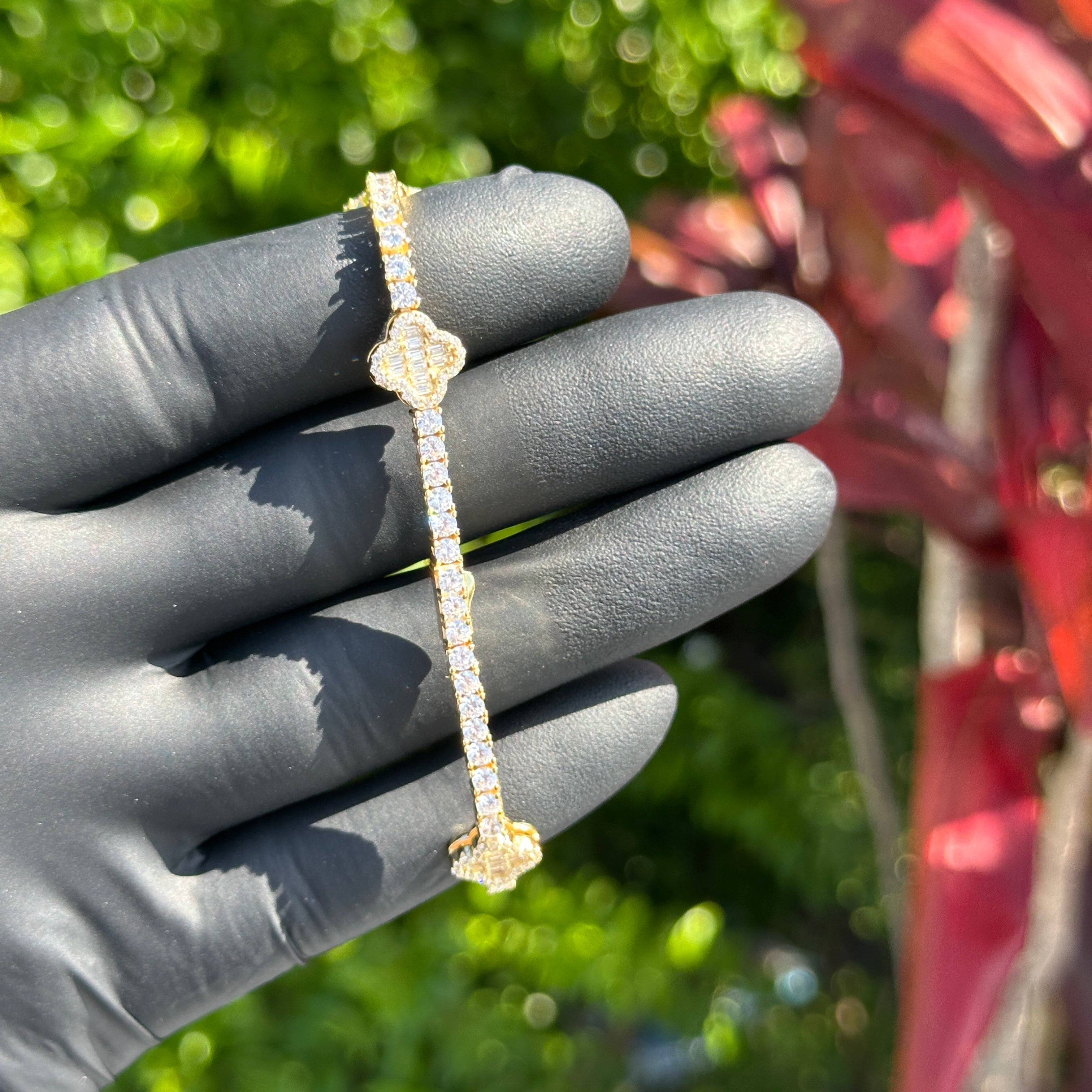 Iced Out Clover Bracelet – 14k Gold Plated Sterling Silver with Cubic Zirconia | Luxury Lucky Charm