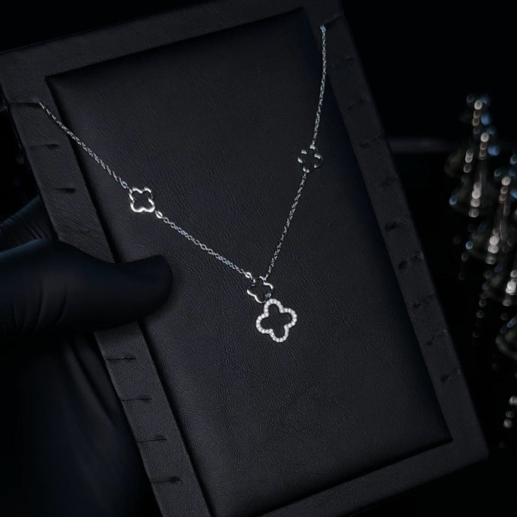 Iced Out Clover Pendant Necklace | 925 Sterling Silver | CZ Baguette Lucky Charm Chain 16-18 inch adjustable