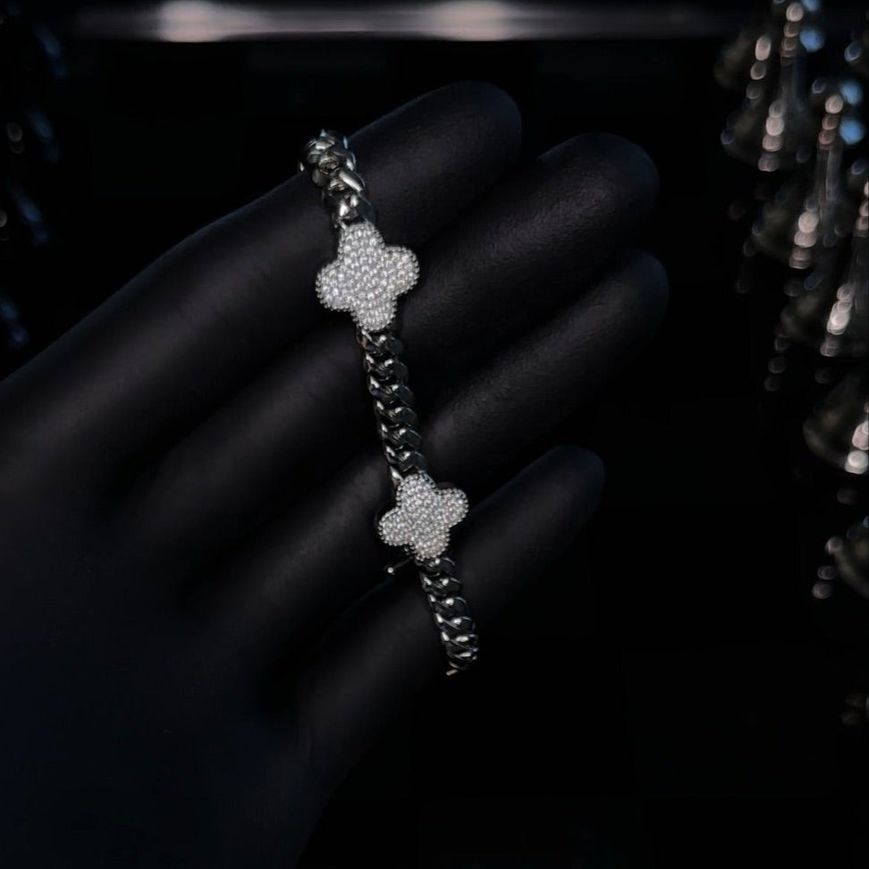 Sterling Silver Clover CZ Cuban Bracelet | Pavé Charm Link Chain | Luxury Sparkle Statement