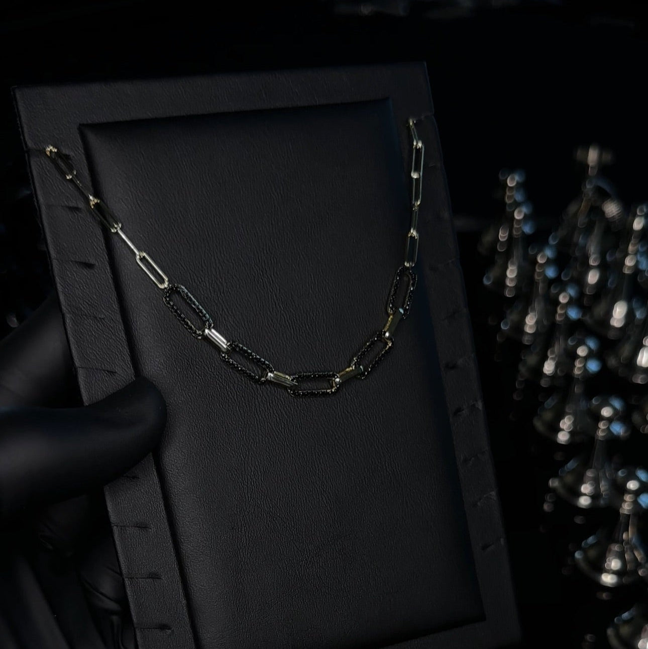 Two-Tone CZ Link Chain Necklace | Black & Gold Pavé Rectangle Links | Bold 925 Silver Statement Piece