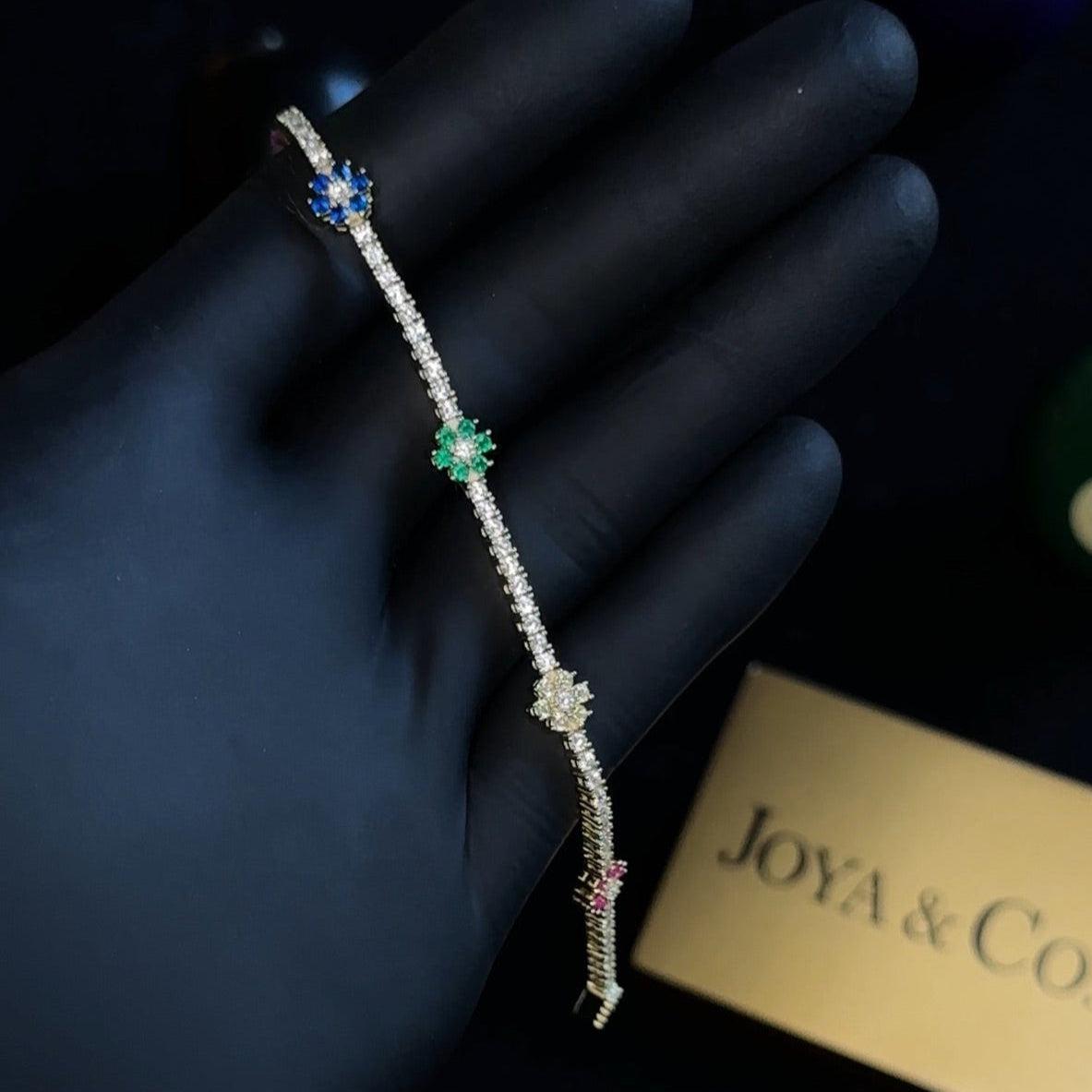 Rainbow Flower Tennis Bracelet – 14K Gold Dipped Sterling Silver with Colorful Cubic Zirconia, Dainty Floral CZ