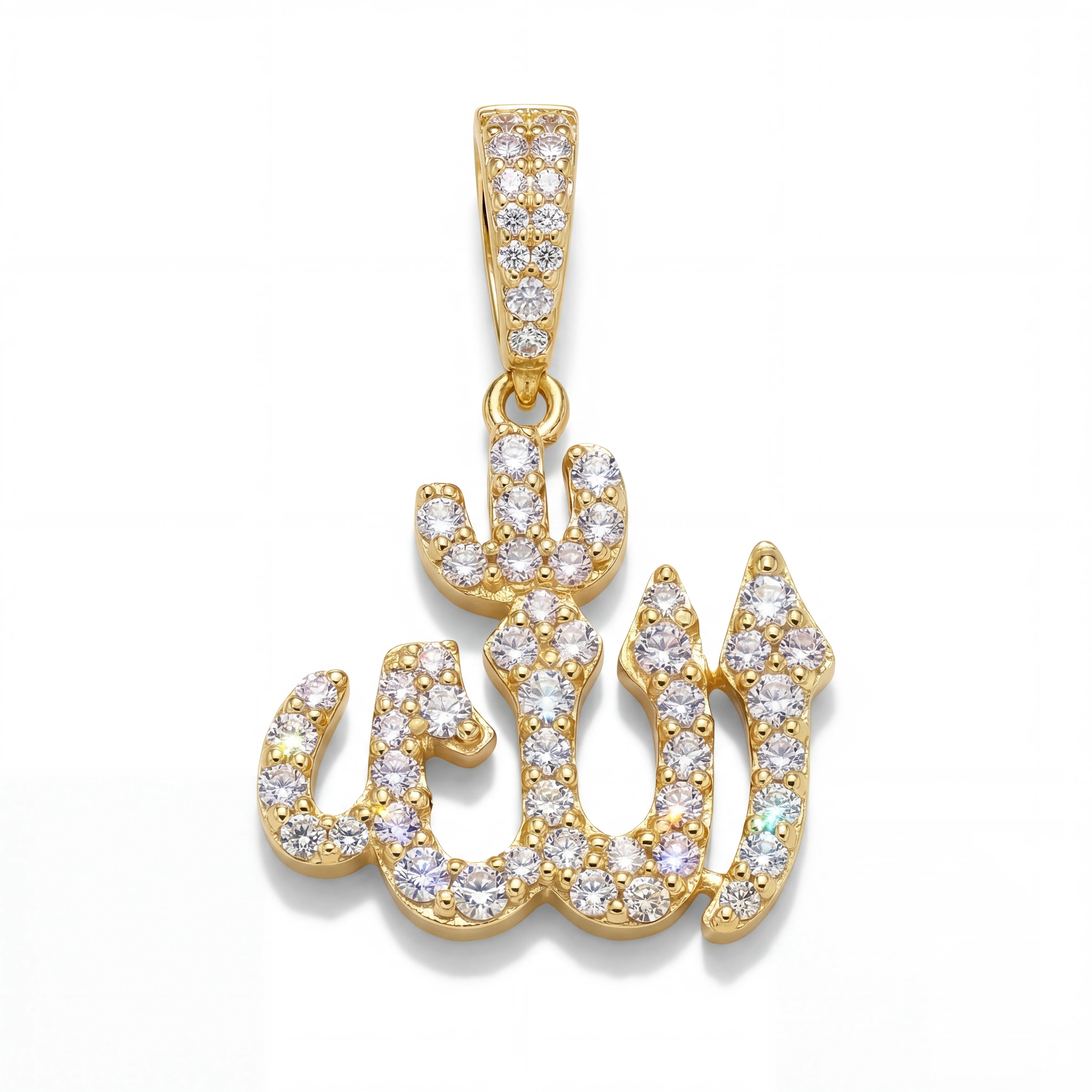 Arabic Script Pendant – 14k Gold-Plated Sterling Silver with Cubic Zirconia | Iced Out Islamic Jewelry