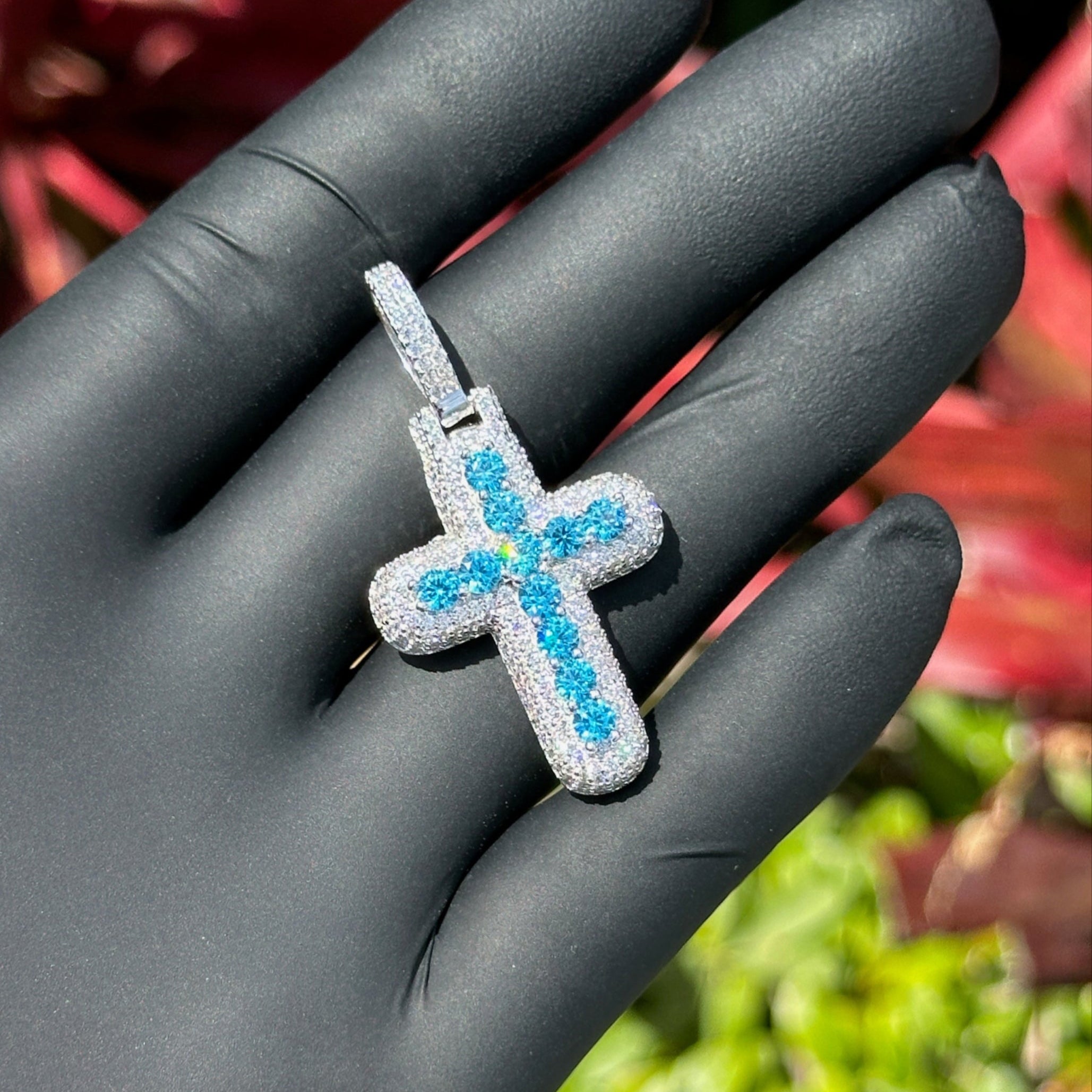 Baby Blue Cross Pendant | Sterling Silver Iced Out Charm | Waterproof CZ Necklace | Hip Hop Jewelry | Baby blue Cubic Zirconia Bling Pendant