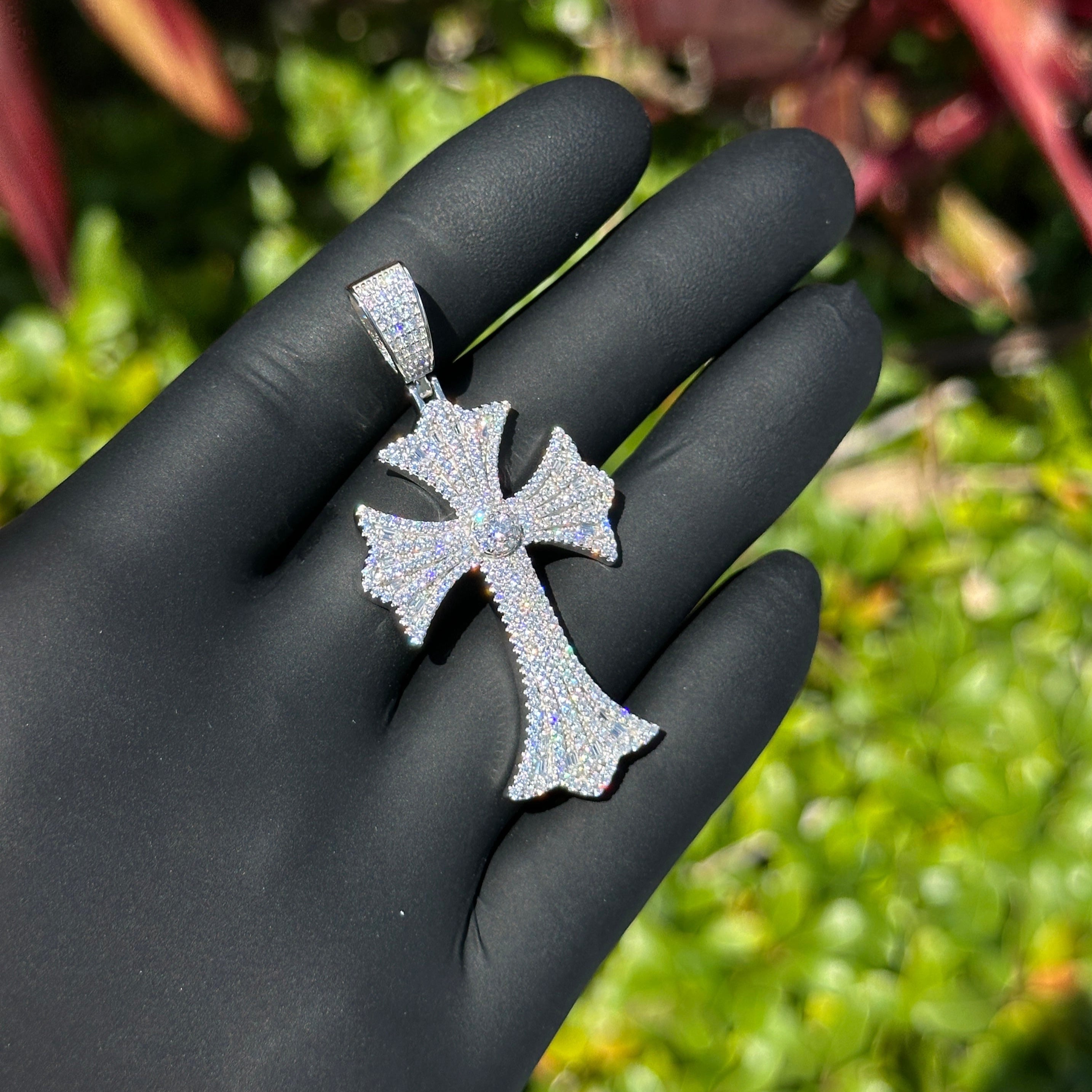 Iced Out Sterling Silver Chrome Cross Pendant Cubic Zirconia Hip H