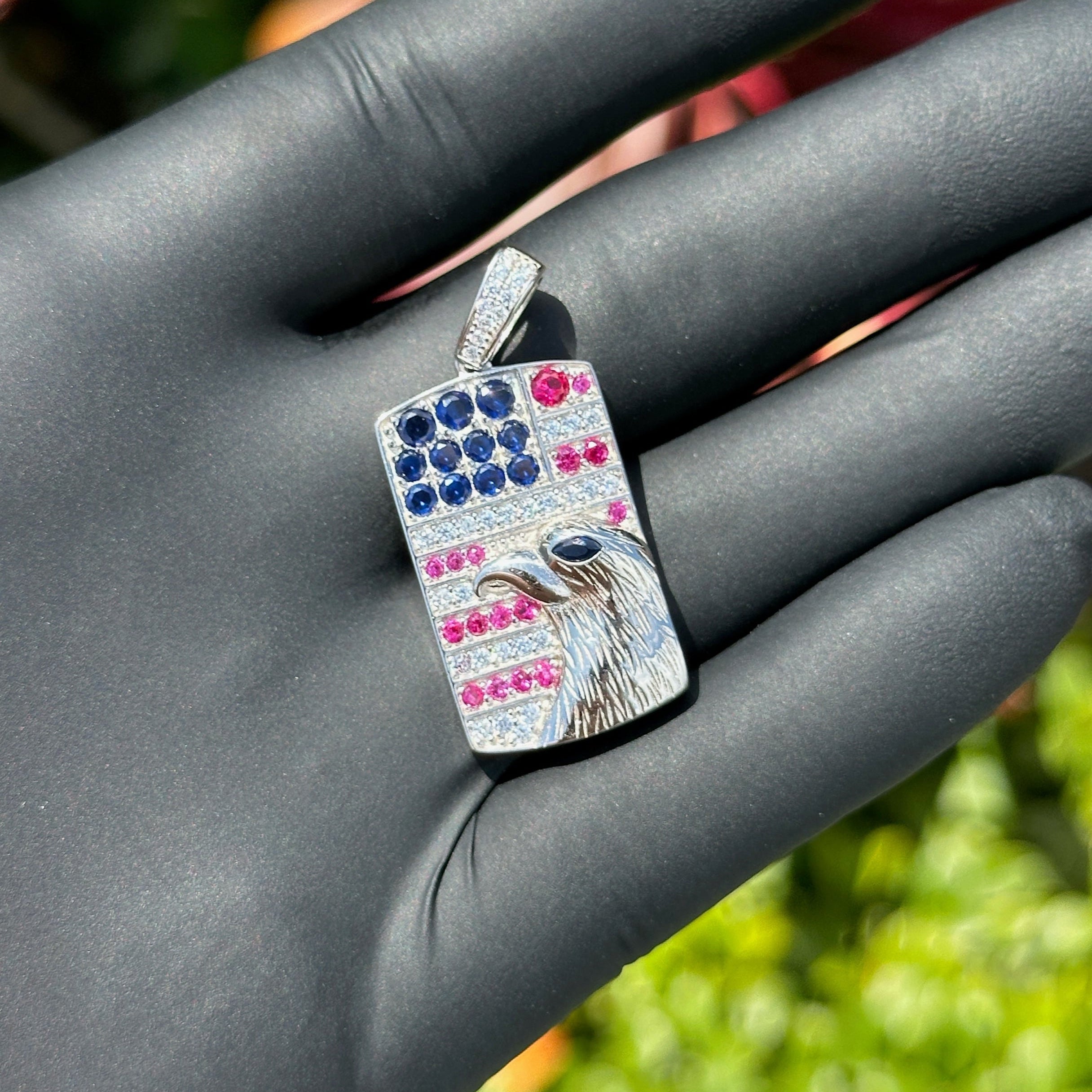 American Flag Dog Tag Pendant  Sterling Silver with Cubic Zirconia | Red, White & Blue Iced Necklace Charm