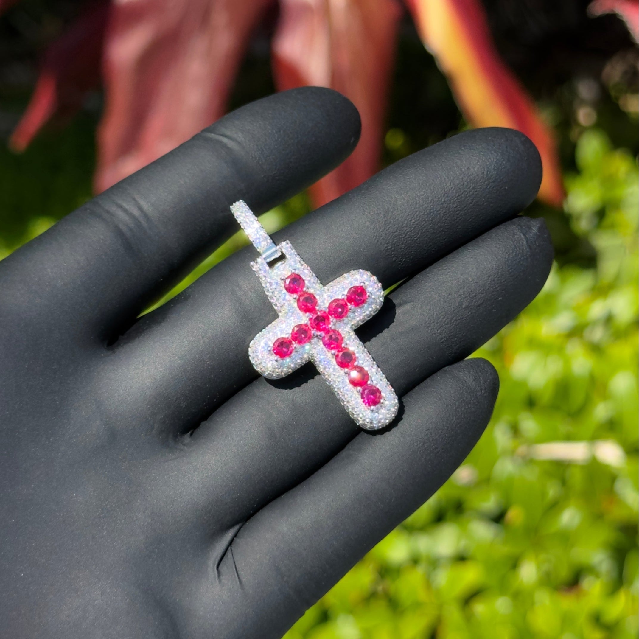 Ruby Cross Pendant | Sterling Silver Iced Out Charm | Waterproof CZ Necklace | Hip Hop Jewelry | Red Cubic Zirconia Bling Pendant