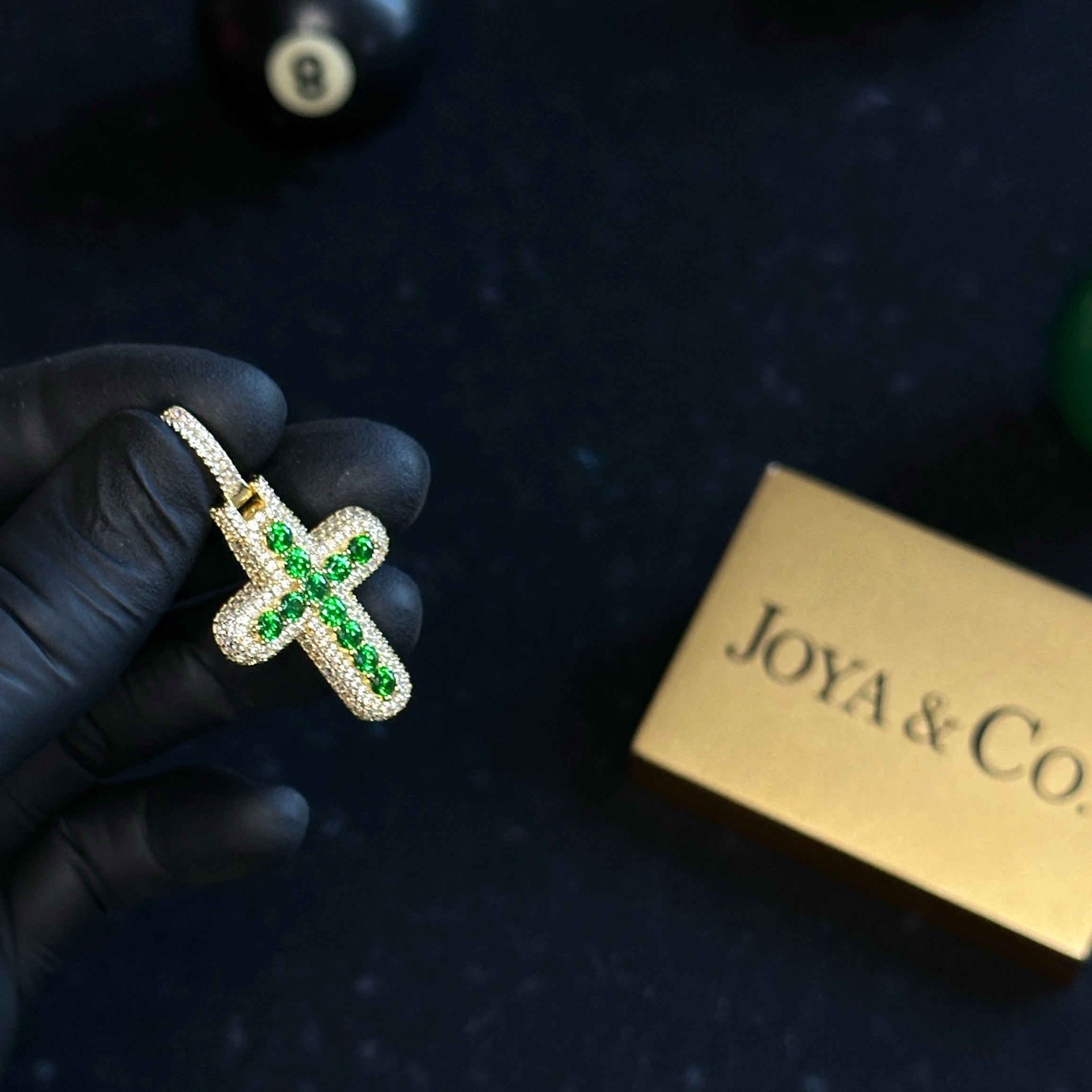 Iced Out Cross Pendant with Green Emerald CZ  14k Gold Plated Sterling Silver  Luxury Faith Charm