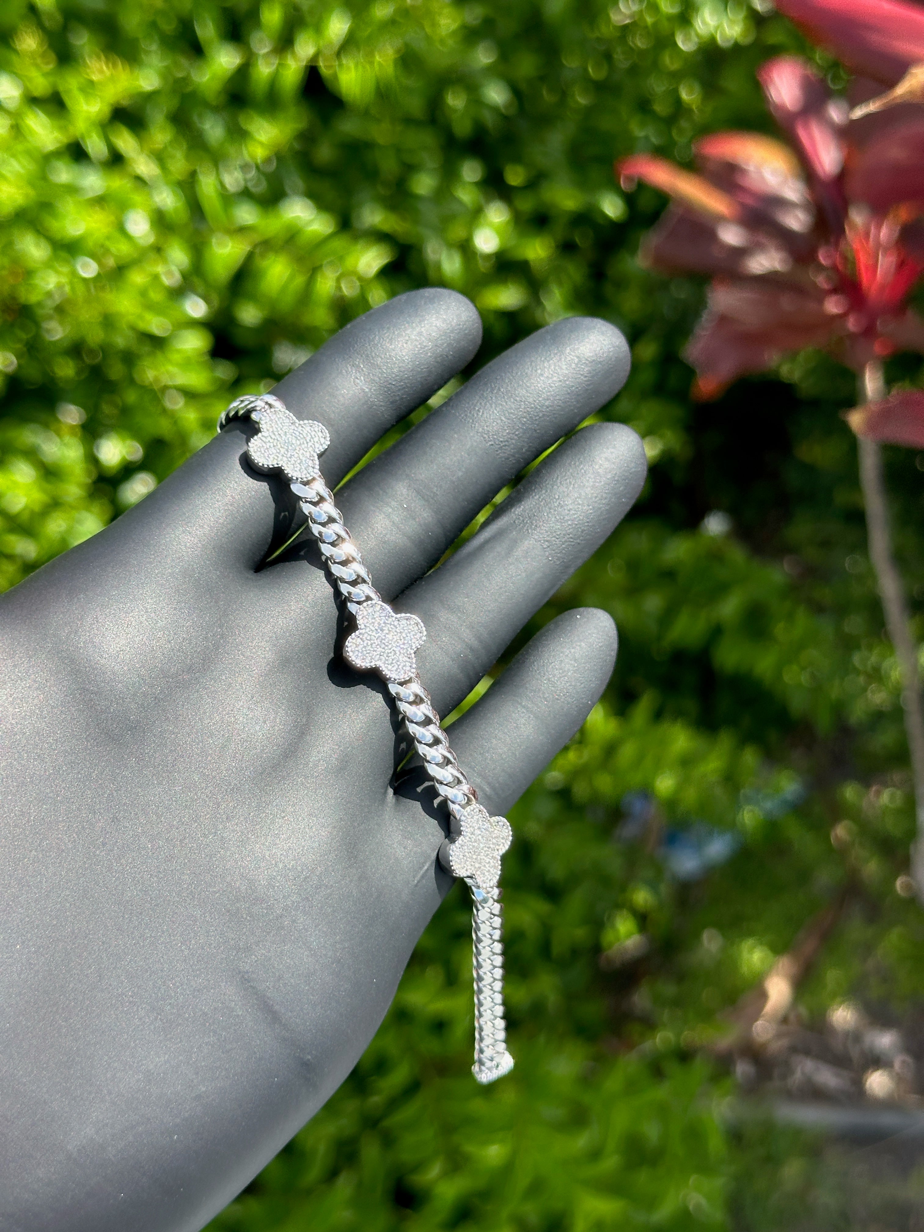 Sterling Silver Clover CZ Cuban Bracelet | Pavé Charm Link Chain | Luxury Sparkle Statement