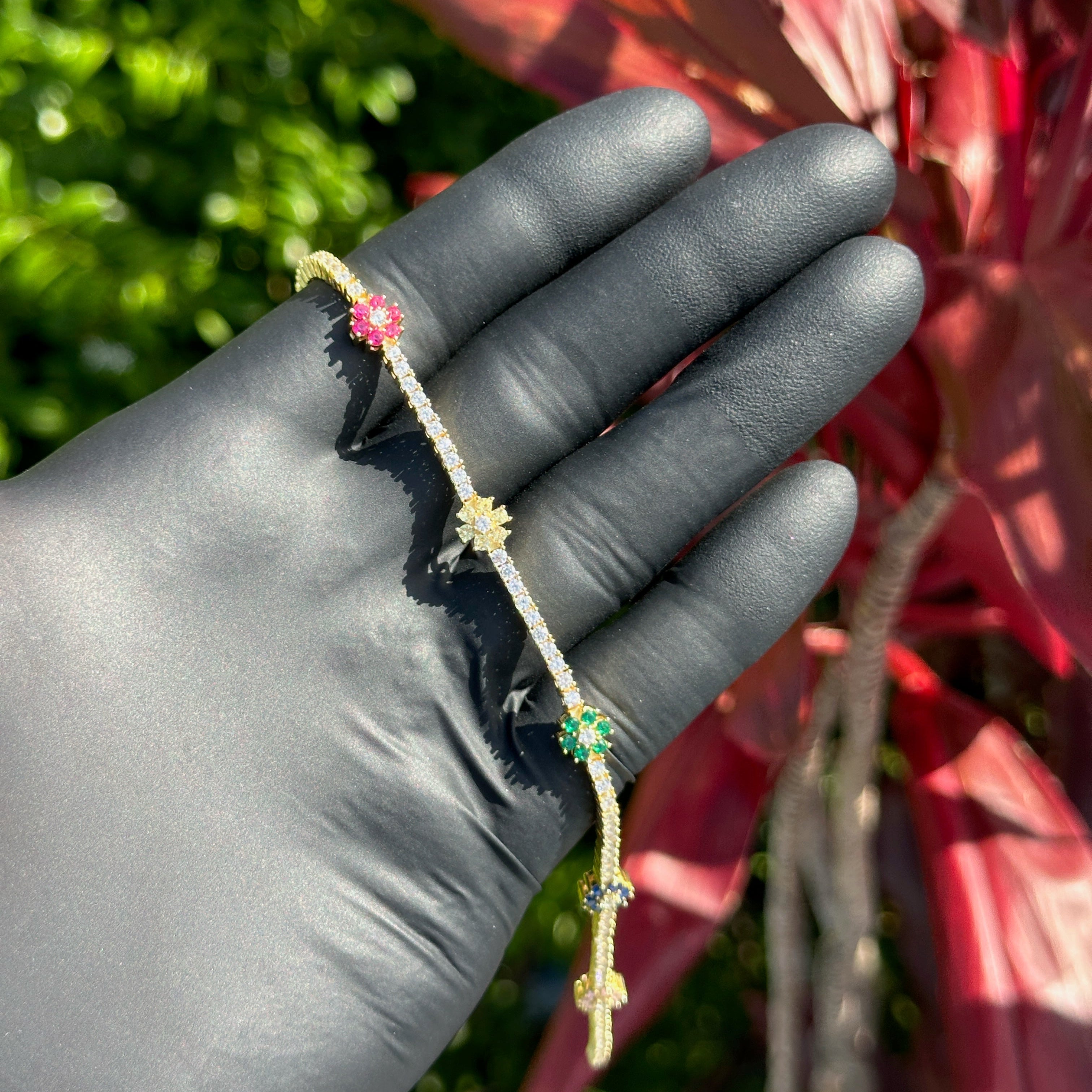 Rainbow Flower Tennis Bracelet – 14K Gold Dipped Sterling Silver with Colorful Cubic Zirconia, Dainty Floral CZ
