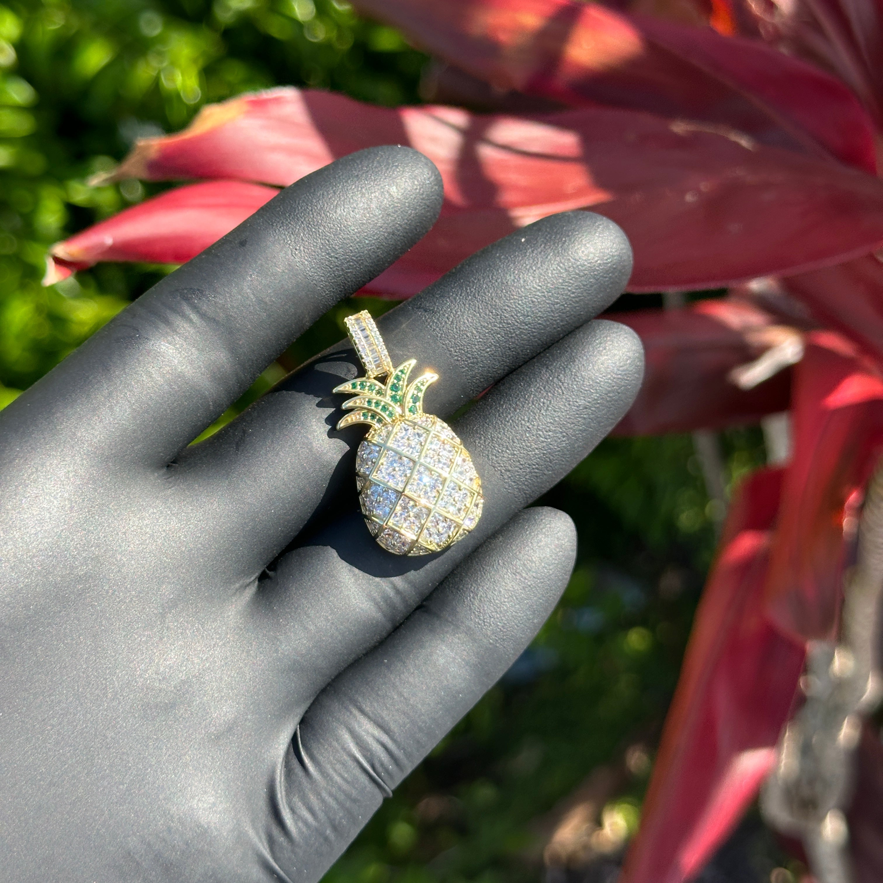 Iced Out Pineapple Pendant – 14k Gold-Plated Sterling Silver with Cubic Zirconia | Luxury Tropical Charm