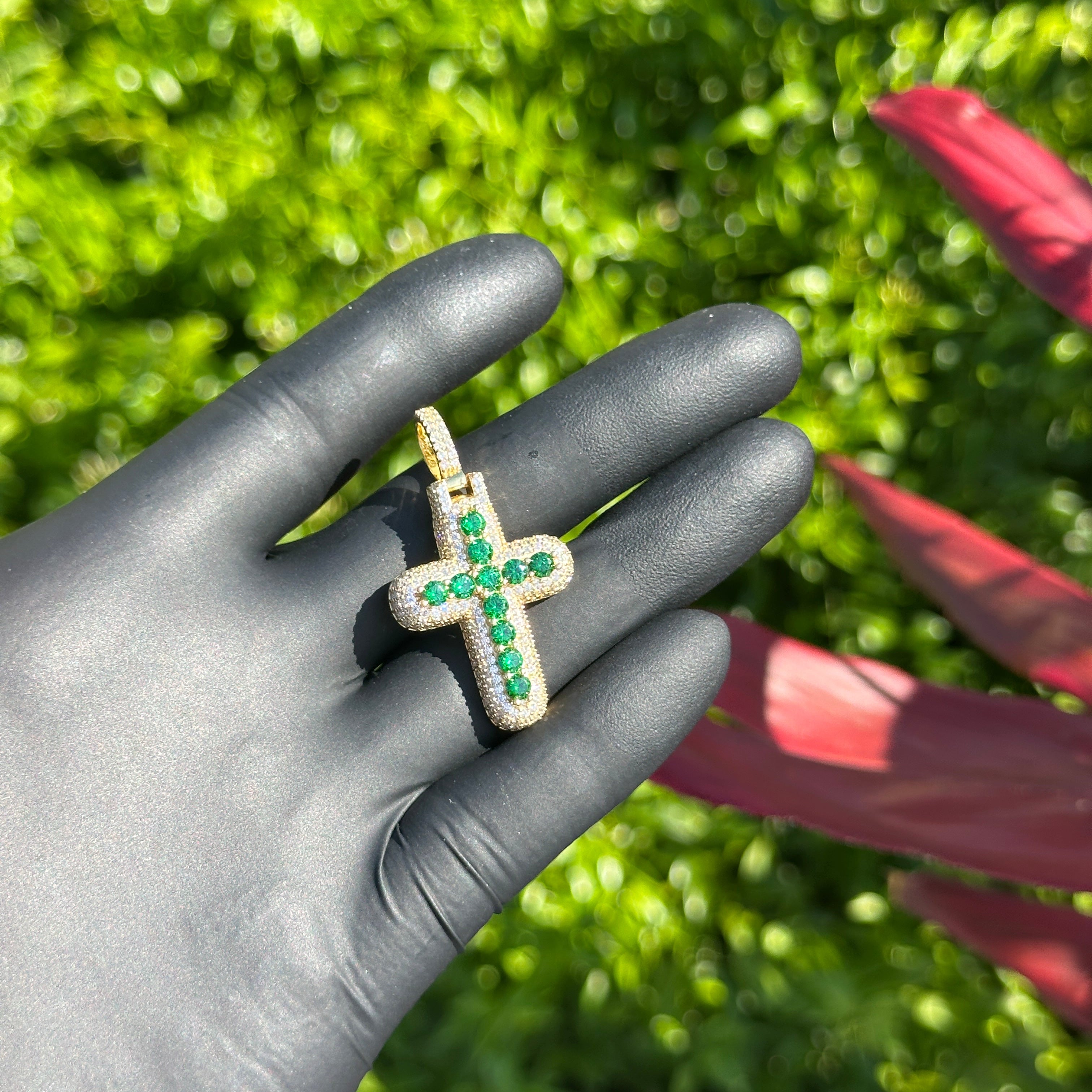 Iced Out Cross Pendant with Green Emerald CZ  14k Gold Plated Sterling Silver  Luxury Faith Charm
