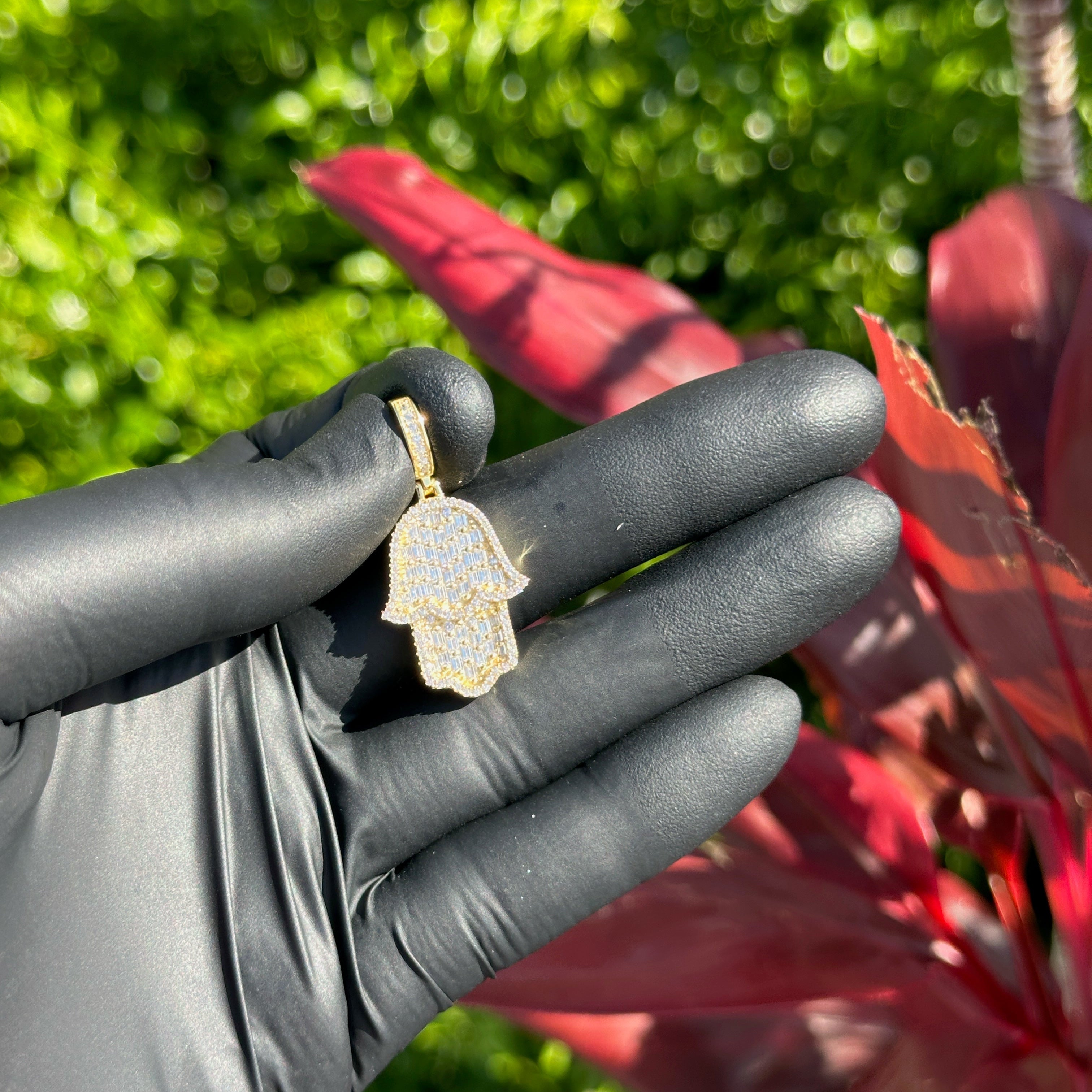 Iced Out Hamsa Pendant – 14k Gold Plated Sterling Silver with Cubic Zirconia | Luxury Protection Charm