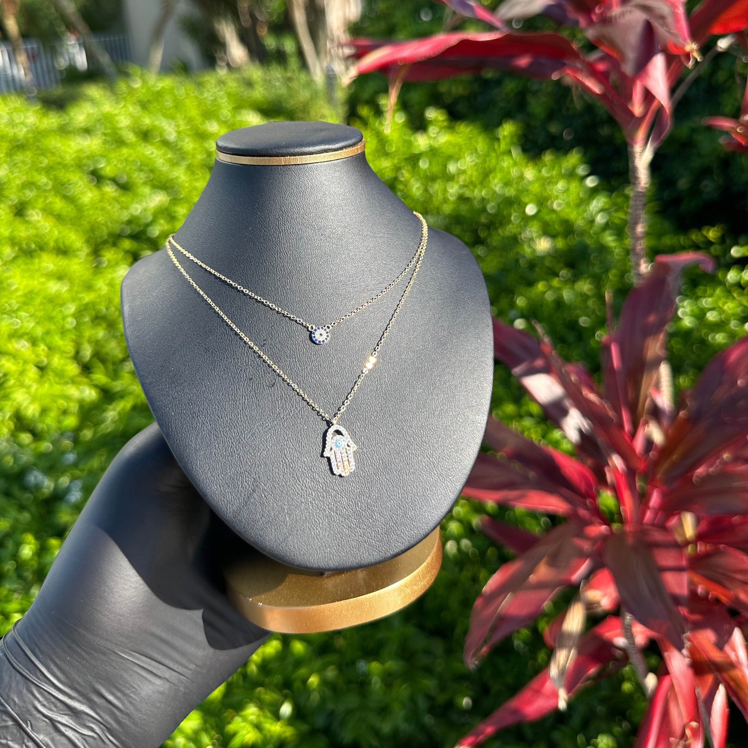 Double Layer Hamsa & Evil Eye Necklace in Sterling Silver with CZ – Dainty Spiritual Protection Jewelry, Adjustable from 16-18 inch