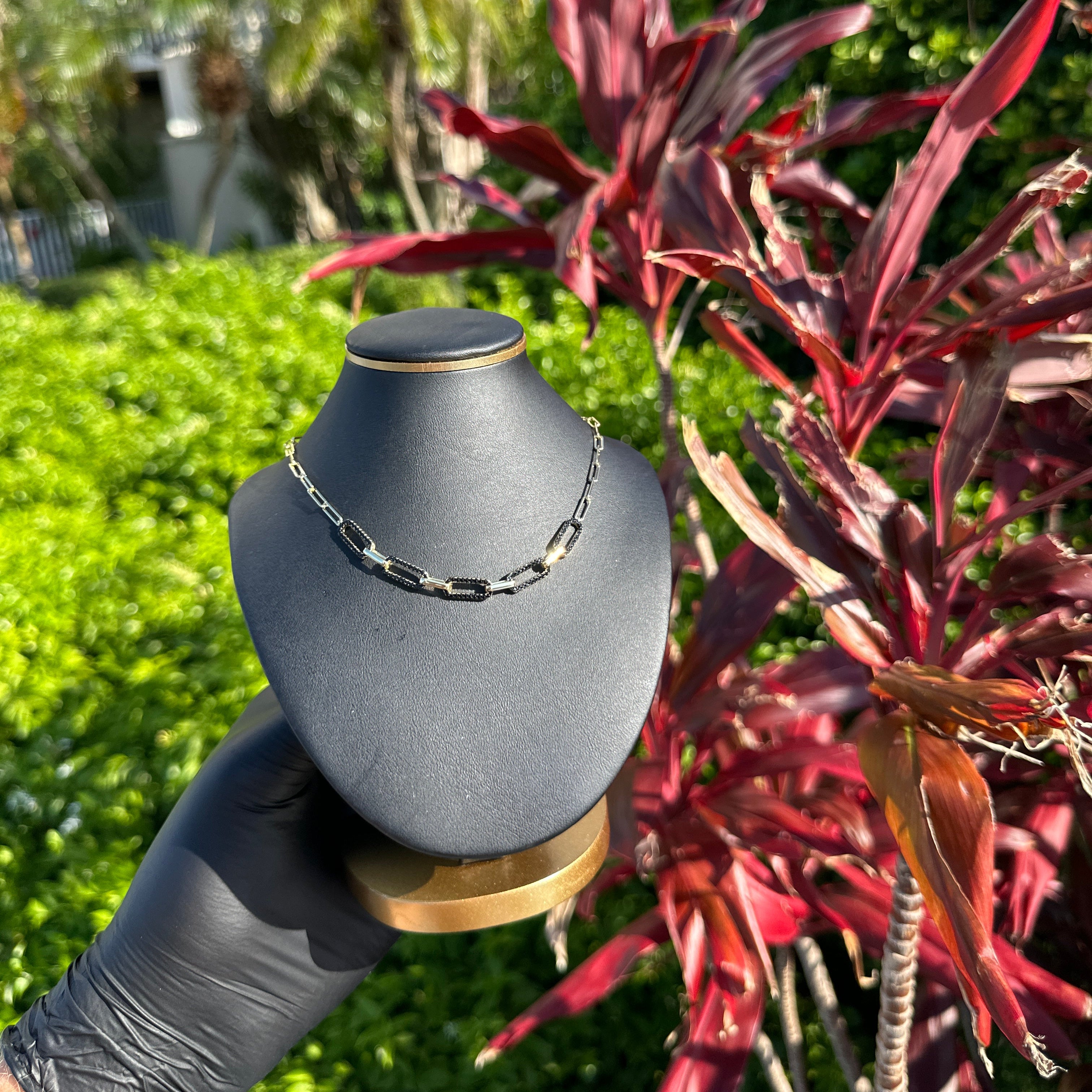 Two-Tone CZ Link Chain Necklace | Black & Gold Pavé Rectangle Links | Bold 925 Silver Statement Piece